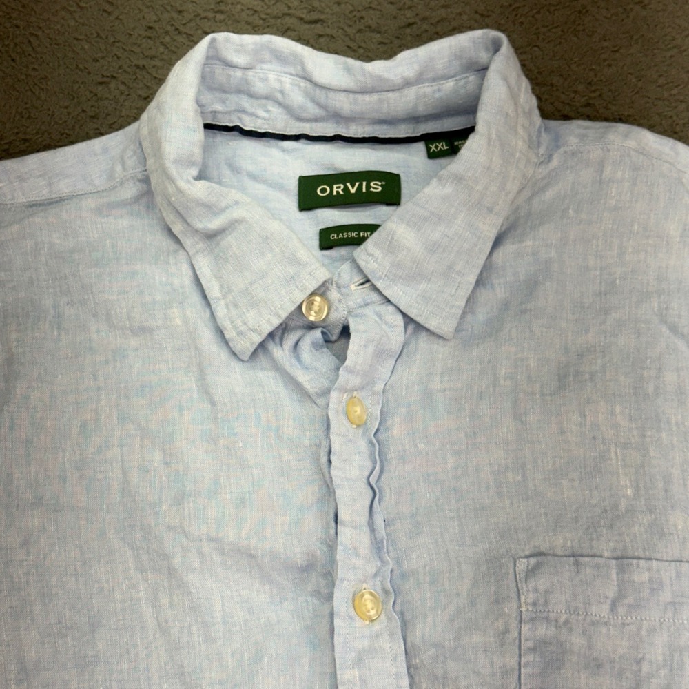 Orvis Button Down Shirt Mens XXL Blue Short Sleeve 100% Linen Classic Fit